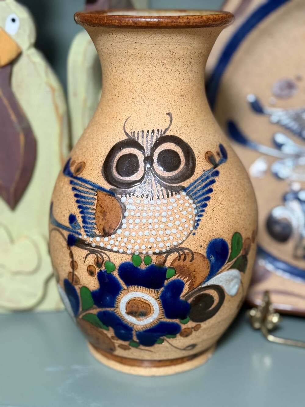 Tonala Mexican Folk Art Hand Painted Owl Stoneware Vase